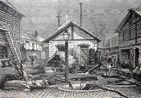 Leather processing, a tannery plant in 1880, digitally enhanced reproduction of a 19th century