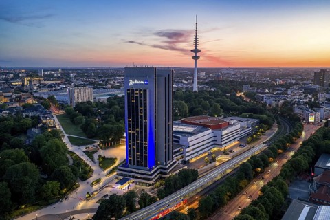 Aerial view of the CCH and Radisson Blue Hotel with television tower Heinrich-Hertz-Turm