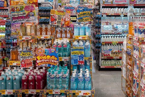 Don Don Donki shower gel shelves, Bangkok, Thailand
