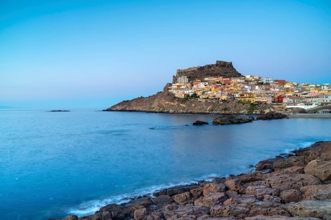 Castelsardo at blue hour, castle, evening, blue sky, Castelsardo, province Sassari, Sardinia, Italy
