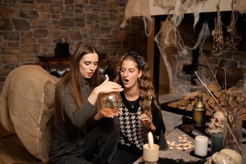 Two women sit on a cozy floor, focused on a swirling crystal ball amidst a warm, inviting