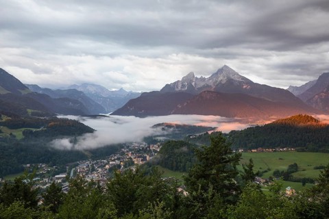 Marxenhöhe near Berchtesgaden with Watzmann view in the morning mist after the rain