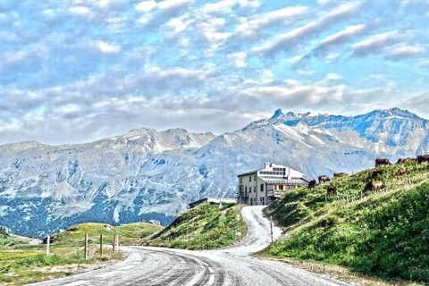 Photo with reduced dynamic saturation HDR of south ramp ascent from pass road to mountain pass