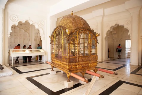 Golden palanquin in the Mehrangarh or Meherangarh fortress, Jodhpur, Rajasthan, India