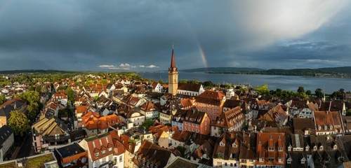 Luftbild, Panorama von der Stadt Radolfzell am Bodensee mit der historischen Altstadt und dem