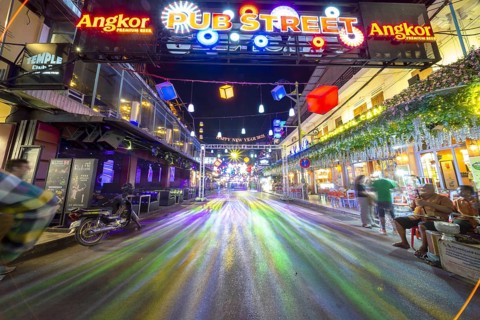 Neon lights, Pub Street in the evening, entertainment district with bars and restaurants, Siem
