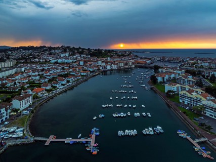 Sunset over Saint-Jean-de-Luz from a drone, Nouvelle-Aquitaine, Pyrenees-Atlantiques, France