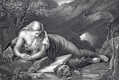 Magdalena, woman lying on the ground and reading a book, steel engraving after a painting by Pompeo