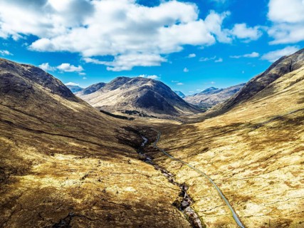 Mountains and Moors over Glen Etive Valley from a drone, Buachaille Etive Mòr, The Buachaille,
