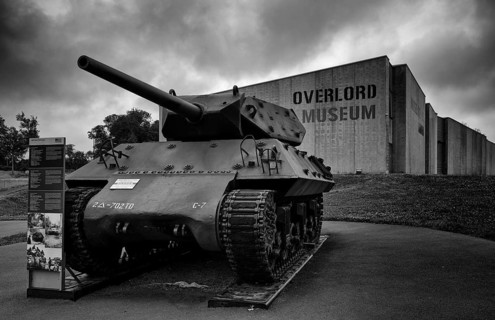 M10 Tank Destroyer tank, exhibit in front of Overlord Museum, black and white, Colleville-sur-Mer,
