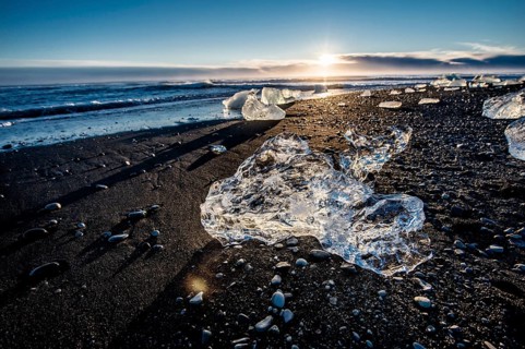 Jökulsarlon, icebergs, ice, cold, glacial lake, Vatnajökull glacier, winter, beach, sunrise, ocean,