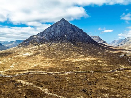 The Buachaille Mountain and Moors over Glen Etive Valley from a drone, Buachaille Etive Mòr, The