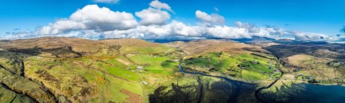 Panorama of Farms and Moors over Loch Harport from a drone, Drynoch, Isle of Skye, Highlands,