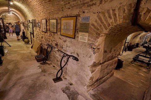 Historical tunnel room with exhibited documents and exhibits, War Museum, Military Museum, Tunnel
