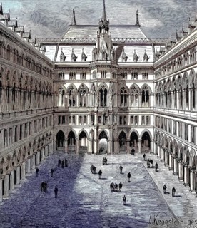 The old town hall of Vienna, Austria, the inner courtyard with arcades, illustration from 1894,