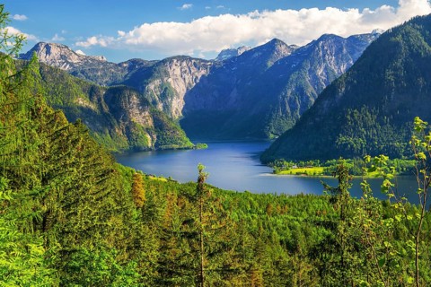 Panoramic view of the lake and the Dachstein foothills, Bad Goisern, Lake Hallstatt, UNESCO World