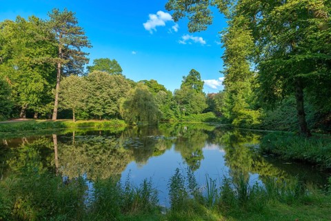 Meiereisee in Bürgerpark from 1866, landscape park with rivers and lakes, garden monument,
