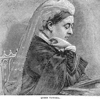 Queen Victoria sitting at the lectern reading a book, quiet moment, pause, distraction, lost in