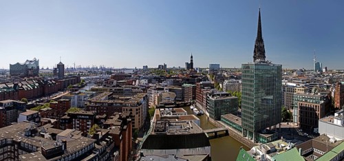 City view from above with the Elbphilharmonie and the St. Nikolai memorial, Hamburg, Germany
