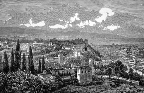 Alhambra of Granada, gardens and parks, mountains, Spain, historical illustration 1896
