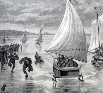 Race between sailing sledges and ice skaters on the Müggelsee, around 1870, Berlin, Germany,