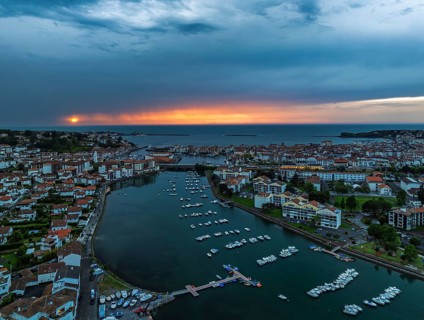 Sunset over Saint-Jean-de-Luz from a drone, Nouvelle-Aquitaine, Pyrenees-Atlantiques, France