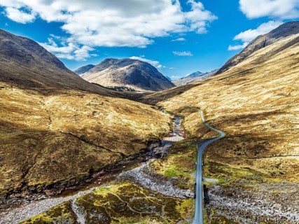 Mountains and Moors over Glen Etive Valley from a drone, Buachaille Etive Mòr, The Buachaille,