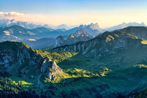 View from Mount Gantrisch, sunset over the Bernese and Fribourg Pre-Alps, Canton of Bern,