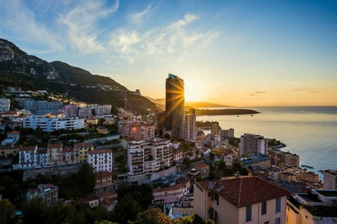 Panorama, Skyline with skyscrapers by the sea, Sunrise, Monte Carlo, Cote d'Azur, Monaco