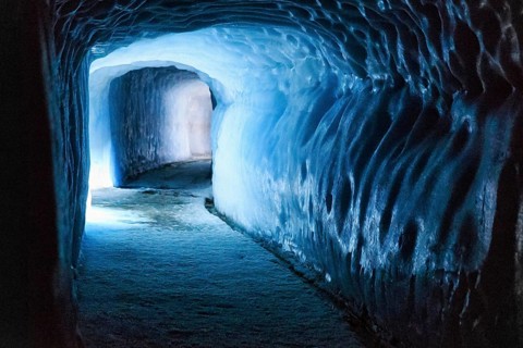 Man-made ice tunnel, glacier cave, illustration, Langjökull glacier, Husafell, Iceland