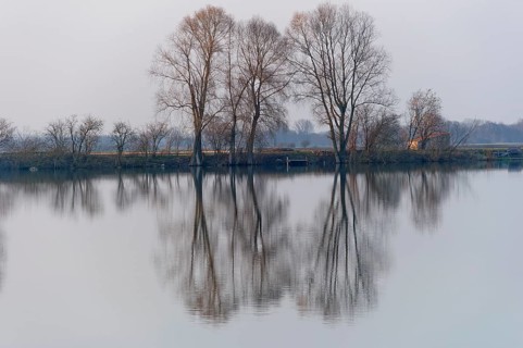 Evening mood at Moosinninger Weiher, quarry pond, fishing pond for carp, reflection of the trees on