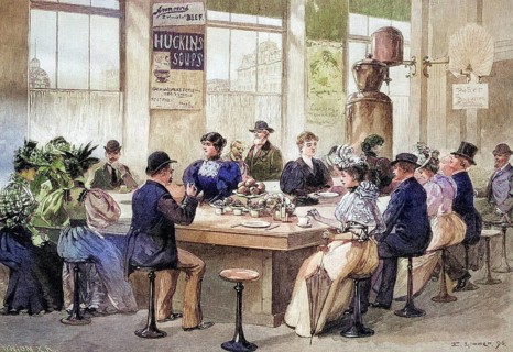 Lunchroom in Chicago, America, coloured wood engraving, reproduction of an original from ca 1888,