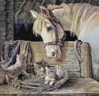 Kittens and a horse as friends, young cats and a white horse in a stable, Illustration from 1894,