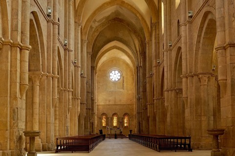 Nave, choir with altar, interior, Gothic basilica of the Cistercian abbey of Fossanova Monastery,
