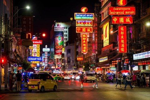 Shopping street with neon signs and street restaurants, nightlife, Yaowarat Road, Chinatown,