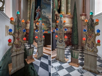 On contour-cut and painted boards with religious motifs in front of the altar during Lent,