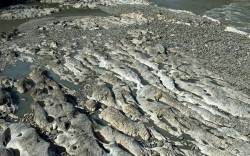 Riverbed of the Kura River, near Gori, Imeretia, Georgia, formed by water erosion