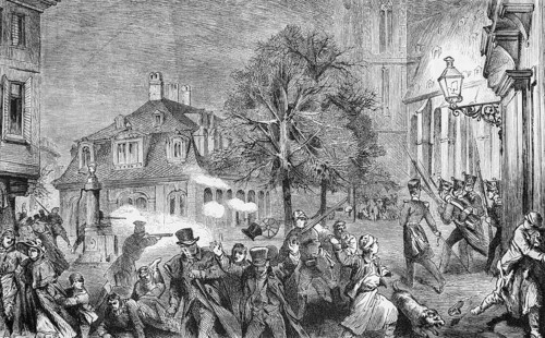 Storming of the Konstabler Wache in Frankfurt am Main, soldiers shooting with rifles, horror among