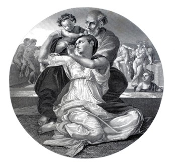 The Holy Family, A family sits closely embraced, mother and father with baby, background with