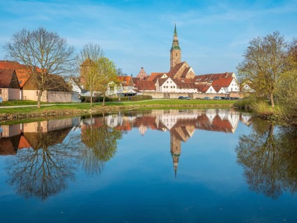 View of the old town, Liebfrauenmünster and town houses are reflected in the Schießweiher,