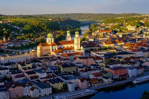 View of the historic city centre at sunrise, from the Veste Oberhaus, Passau, Lower Bavaria,
