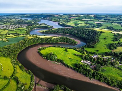 Farms and Fields over River Dart from a drone, Stoke Gabriel, Totnes, Devon, England, United