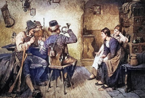 Hunting horn players in the tavern, Austria, coloured wood engraving, reproduction of a model from