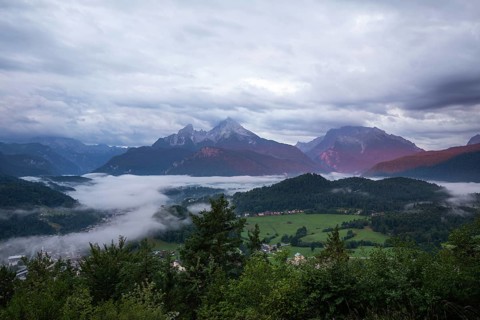 Marxenhöhe near Berchtesgaden with Watzmann view in the morning mist after the rain