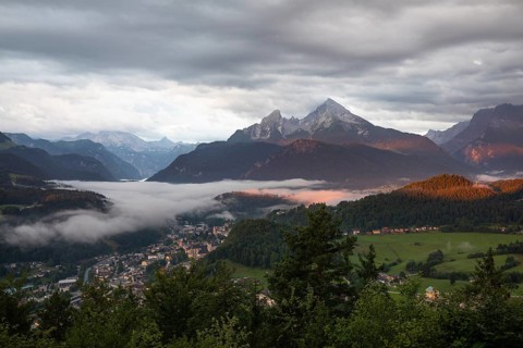 Marxenhöhe near Berchtesgaden with Watzmann view in the morning mist after the rain