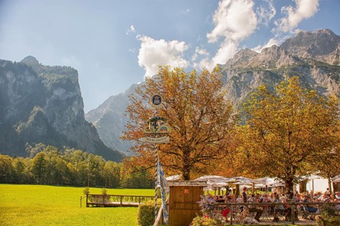 Beer garden in St. Bartholomä, Königssee, mountain lake in the municipality of Schönau am