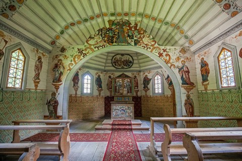 Catholic St Anne's Chapel, interior, Mannerist paintings, oldest wooden chapel in the Alps,