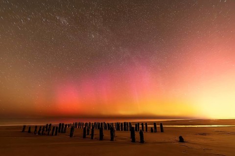 Northern Lights with Milky Way at the North Sea, Hörnum, Sylt, Schleswig-Holstein