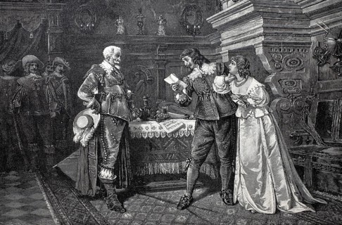An arrest, the accused reads the warrant, from the time of Richelieu of Boppo 1585, France,
