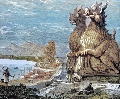 Dragon figures at the Irrawaddy, Myanmar, Burma, coloured wood engraving, Reproduction from a model